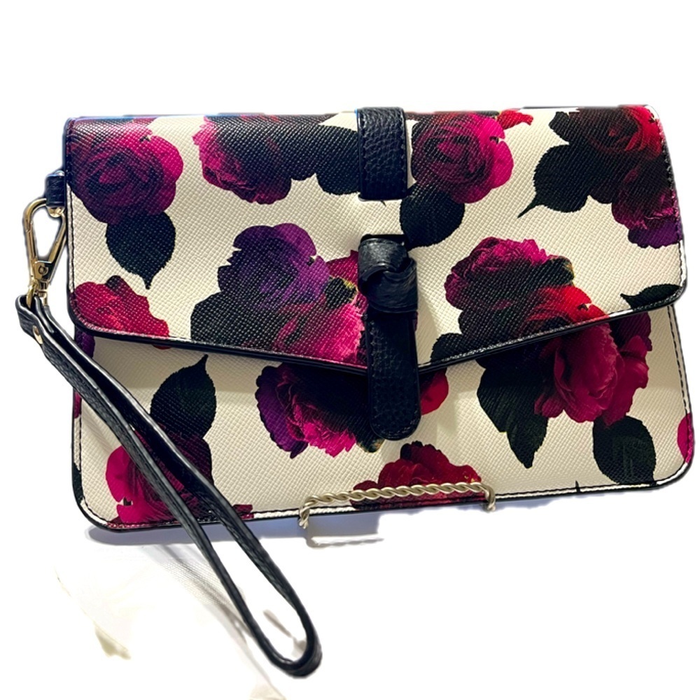 Charming Charlie Floral Rose Clutch Bag Purse Black Pink Purple Magnetic, NWOT - Picture 15 of 15